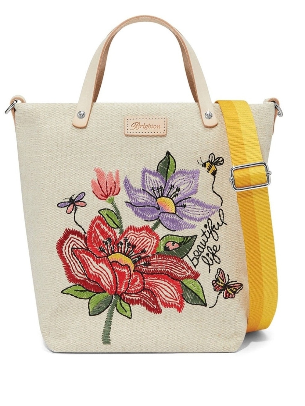 Brighton Beautiful Life Floral Embroidered Canvas Tote with Yellow Strap